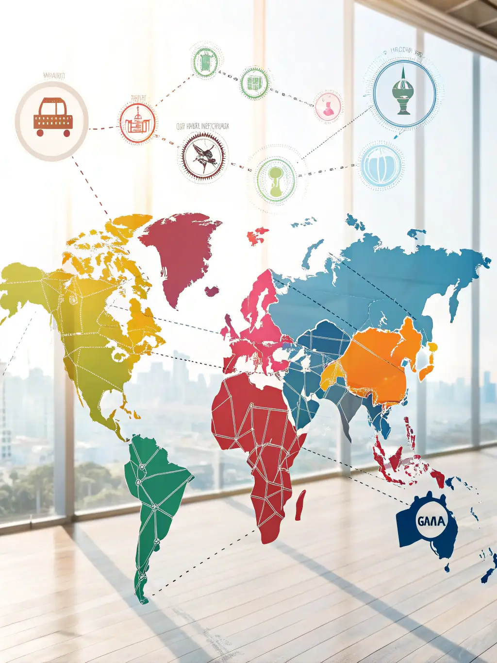 A digital illustration of a world map highlighting key regions (North America, Europe, Asia) where Primercar Export operates, emphasizing global reach.
