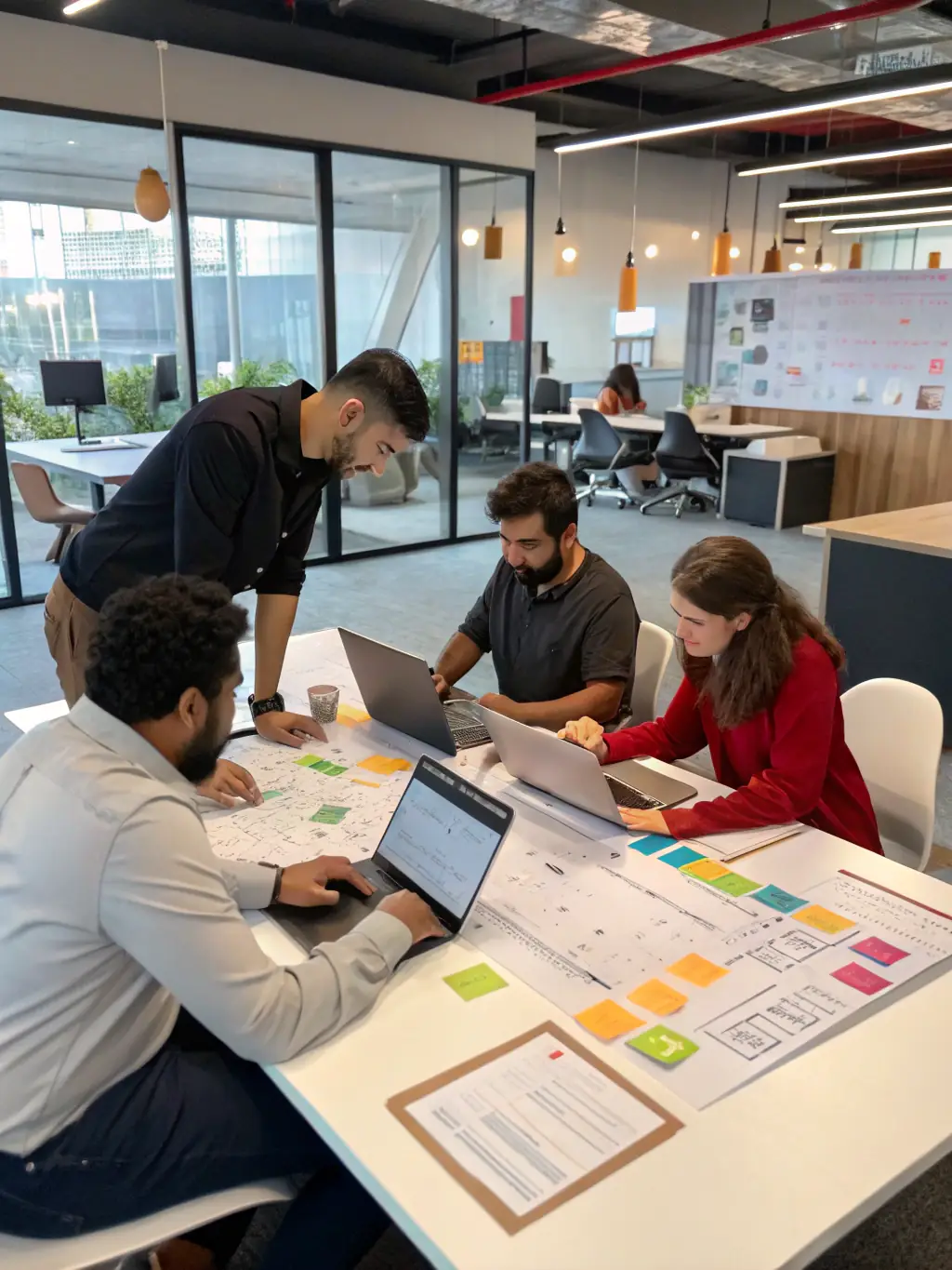 A professional photograph of a diverse team of logistics experts collaborating in a modern office setting, symbolizing Primercar Export's commitment to teamwork and expertise.