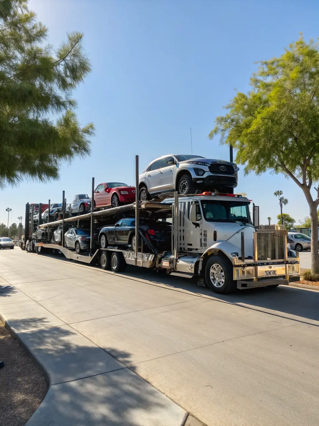A high-quality image of various vehicles (cars, trucks, commercial vehicles) being loaded and secured for transport, showcasing Primercar Export's vehicle handling capabilities.