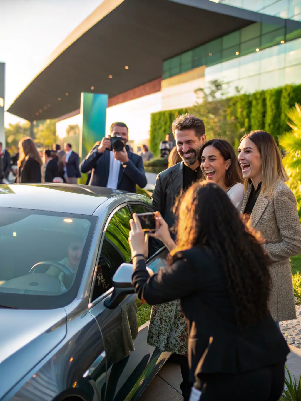 A dynamic shot of a promotional event organized for a car brand, with attendees engaging with the vehicles and brand representatives.